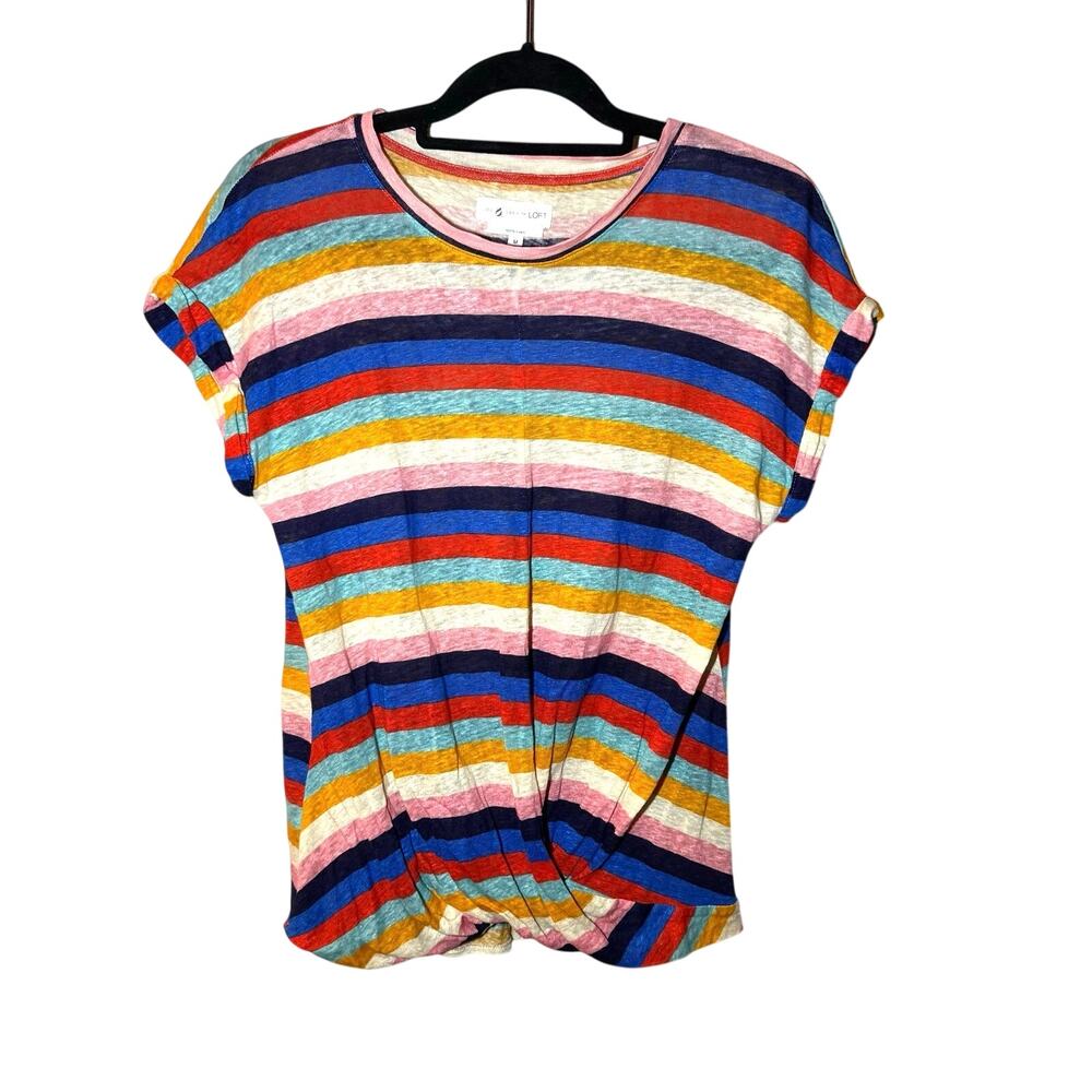 Lou & Grey for LOFT 100% Linen Rainbow Striped Twist Front Tee Size Medium Retro